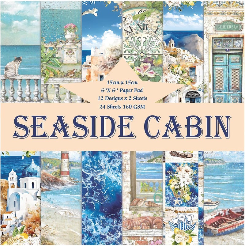 Qianshan 24 Sheets 12 Designs Scrapbook Paper Pad,6"×6” Single-Sided Decopodge Craft Cardstock Paper,Christmas Scrapbooking DIY Decorative Background Cardmaking Supplies.Seaside Cabin - Image 1
